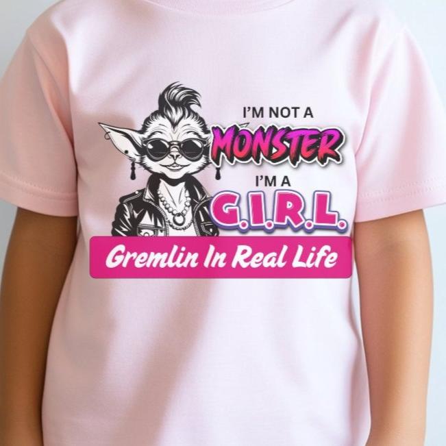 Pink Bella+Canvas t-shirt with cute gremlin monster design. Halloween or everyday wear.