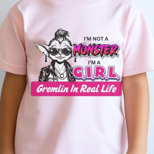 Pink Bella+Canvas t-shirt with cute gremlin monster design. Halloween or everyday wear.